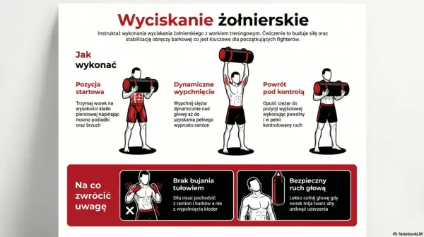 Instrukcja wyciskania żołnierskiego z workiem treningowym. Ćwiczenie buduje siłę i stabilizację obręczy barkowej, kluczowe dla fighterów, uwzględniając kategorie wagowe boks.